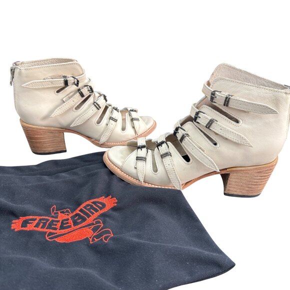Freebird by Steven Shoes - FREEBIRD Quinn Heeled Beige Leather Strap Sandals Women's Dust Bag & Box, Sz 8